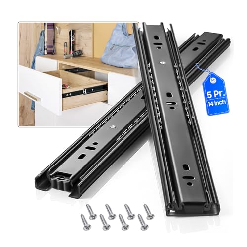 Drawer Slides 1 Pair Full Extension 10 12 14 16 18 20 22 24 inch Side Mount Rails Dresser Cabinet Bracket Replacement Ball Bearing Tracks Guide Metal Runner 100 LB (Basic-1 Pair, 14 Inch) - size: 14 Inch, style: Basic-5 pairs