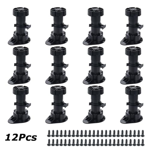 3.9 to 5 Inch Adjustable Levelers for Cabinet Edge 12Pcs, Furniture Leveler Legs, Black Plastic Leveling Feet for Kitchen Cupboard Table Shelves Nightstands, - size: 3.9-5 Inch