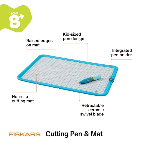 Fiskars Kids Cutting Pen with Foldable Non-Slip Mat – Safe Precision Tool for Crafting and School Projects - style: Cutting Pen & Mat