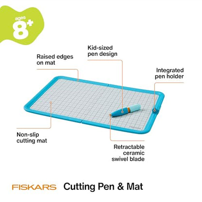Fiskars Kids Cutting Pen with Foldable Non-Slip Mat – Safe Precision Tool for Crafting and School Projects - style: Cutting Pen & Mat