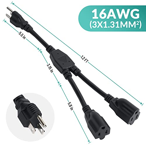 Elecan 3-Prong Y Splitter Power Extension Cord 1 FT/3 Pack, Straight Plug 1 to 2 Way Outlet Space Saver, Heavy Duty Weatherproof SJTW, 16AWG 13A, 5-15P Cable Extender for Indoor Outdoor-UL - size: 1FT-3Pack, style: Straight Plug