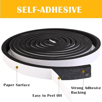 Black Foam Insulation Tape with Self-Adhesive Backing,Closed Cell Foam Weatherstripping 1/2 inch Wide x 3/8 inch Thick,Soundproofing Door Weather Seal Strip for Door and AC Window Seal,High Denisty - size: 1/2 In wide x 3/8 In thick x 16Ft