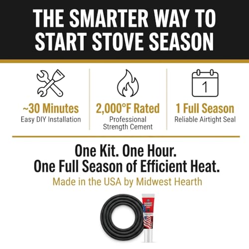 Midwest Hearth Wood Stove Replacement Gasket Kit – Made in USA Graphite Impregnated Fiberglass Rope Gasket & 2000°F Adhesive Cement for Woodburning Stoves (1/4" x 84" Rope) - size: 1/4" x 84" Rope