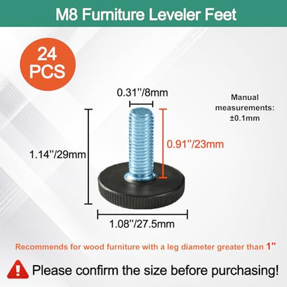 WAFJAMF 24 PCS M8 Thread Adjustable Furniture Levelers Screw in Threaded, Adjustable Levelers Feet Screw On Furniture Glide Leveling for Table, Chair, Furniture Legs (M8 Thread) - size: M8-24PCS-No Inserts