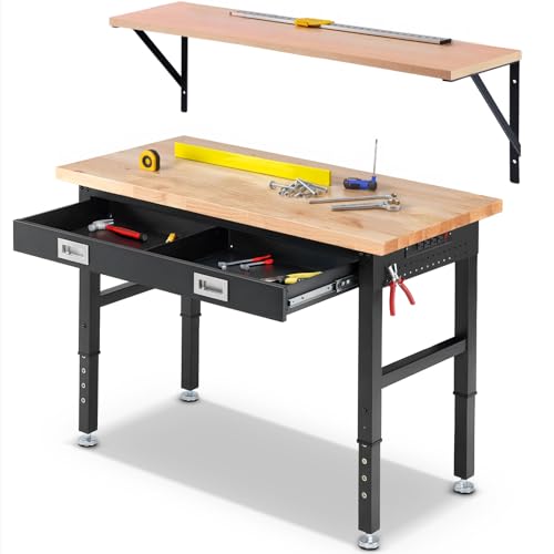 ENJOYWOOD 48" x 24" Heavy Duty Workbench Adjustable Height Garage Work Table with Solid Rubberwood Top, Drawer & Power Outlets for Workshop, Home & Office - size: X-Small