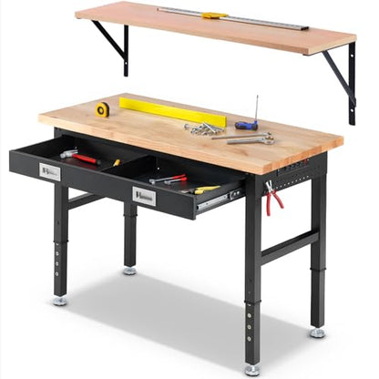 ENJOYWOOD 48" x 24" Heavy Duty Workbench Adjustable Height Garage Work Table with Solid Rubberwood Top, Drawer & Power Outlets for Workshop, Home & Office - size: X-Small