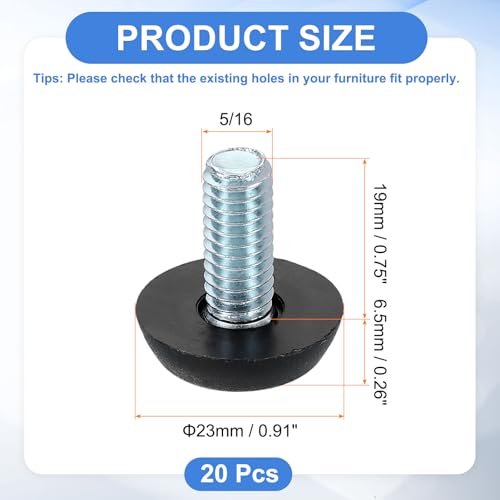 uxcell 20Pcs 5/16" Thread Furniture Feet Levelers, 23x19mm Adjustable Leveling Table Feet, Screw on Furniture Glide Leveling for Chair Stool Legs, Black - size: 5/16"