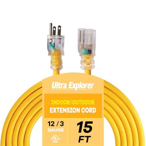 Indoor Extension Cord Waterproof 15 FT, 12 Gauge Heavy Duty Yellow Extension Cord SJTW, Flexible Cold-Resistant 3 Prong Grounded Power Cord for Lawn, Garden, Appliance, UL Listed - color: Yellow, size: 15 ft