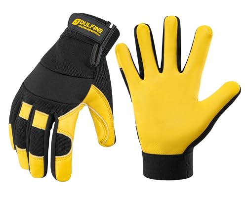 DULFINE Cow Leather Palm Mechanic Work Gloves for Men & Women,Flexible Breathable Fit-Padded Knuckles,Ideal for Construction Yardworks DIY - color: Black, size: Large