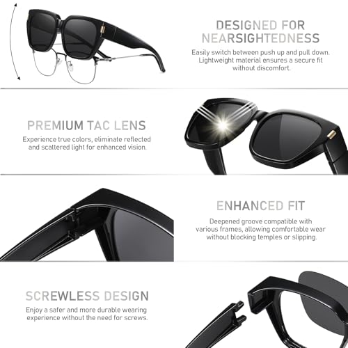HAOLOTA Polarized Fit Over Glasses Sunglasses for Women Men Trendy Square Wrap Around Shades UV Protection - color: L Size 01 Black/Grey