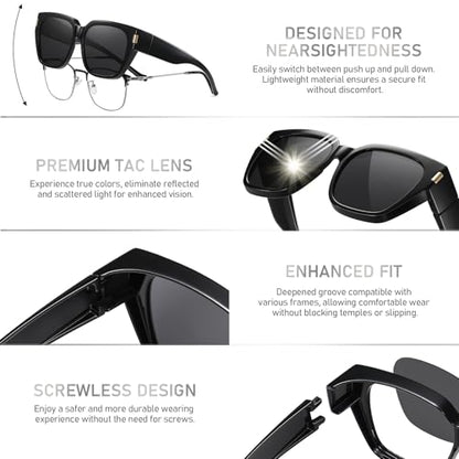 HAOLOTA Polarized Fit Over Glasses Sunglasses for Women Men Trendy Square Wrap Around Shades UV Protection - color: L Size 01 Black/Grey