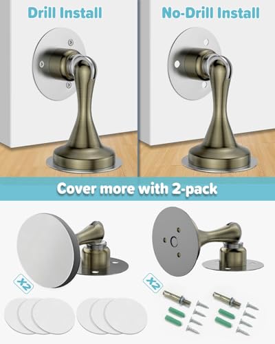 Door Stoppers Magnetic Door Catch, Stainless Steel Magnetic Door Stop 2 Pack, Double-Sided Adhesive Tape, No Drilling, Screws for Stronger Mount, Holder Your Door Open for Wide Doors - style: 2 Pack Antique Bronze