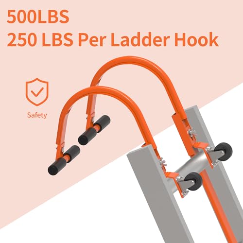 Ladder Roof Hook 2 Pack with Wheel Heavy Duty Steel Ladder Stabilizer, Roof Ridge Extension, Wheel Rubber and Rubber Grip T-Bar for Damage Prevention, for Damage Prevention