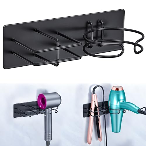 Hair Dryer and Straightener Holder Wall Mounted, Self Adhesive Blow Dryer and Flat Iron Storage Hair Tool Organizer for Bathroom Vanity (Black) - color: Matt Black