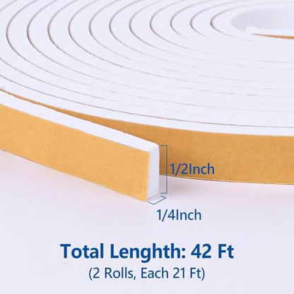 Self Adhesive Foam Tape Weatherstrip 1/2in x 1/4in x 42Ft High Density Foam Insulation Strips Foam Seal Weather Stripping with Strong Adhesive for Door and Window Sound Isolation Soundproofing, White - size: 1/2in x 1/4in x 42Ft