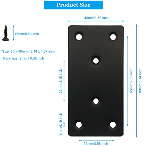 8 Pcs Black Flat Mending Plate Stainless Steel Flat Bracket 3.14 x 1.57 inch Metal Straight Bracket Repair Joining Fixing Mending Brace for Wood, with Screws