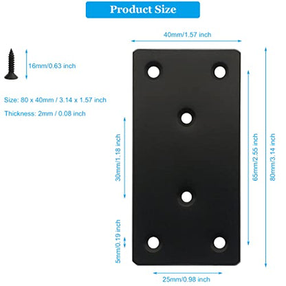 8 Pcs Black Flat Mending Plate Stainless Steel Flat Bracket 3.14 x 1.57 inch Metal Straight Bracket Repair Joining Fixing Mending Brace for Wood, with Screws