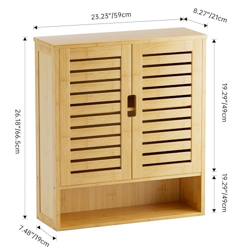 SMIBUY Bathroom Cabinet Wall Mounted, Bamboo Over-The-Toilet Storage Organizer, Space Saver Medicine Cabinet with 2 Door and Adjustable Shelves (Natural) - color: Natural