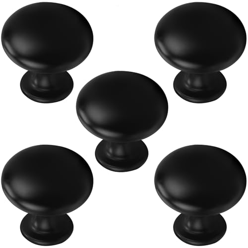 Probrico 5 Pack Cabinet Round Knobs in Black Finish,Kitchen Cabinet Pulls Hardware,1-3/16 inch(29.5mm) Diameter Furniture Pull Knobs - color: Black