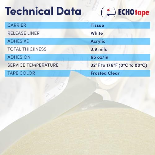 ECHOtape DC-T274A General Purpose Frosted Clear Double Sided Tape for Mounting & Bonding | Double Sided Tape for General Purpose Bonding | Thin Adhesive Tape, 0.71 in x 54.6 yds - size: .71 in X 54.6 Yds / 18mm X 50m