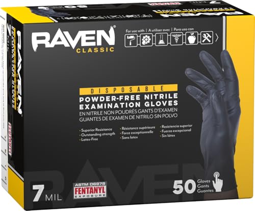 Raven Exam Grade Nitrile Disposable Gloves XL, Powder Free Latex Free Gloves, 7 Mil Puncture Resistant, For Law Enforcement, Automotive, Health Care & Cleaning Supplies, 50 Count - size: X-Large, style: Glove