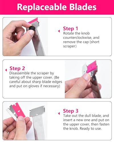 Razor Blade Scraper,Long Handle Razor Scraper with 10 Plastic and 10 Metal Blades - Perfect for Removing Labels, Stickers, Registration Stickers, and Grease from Windshields, Tint, and Glass (Pink) - color: Pink