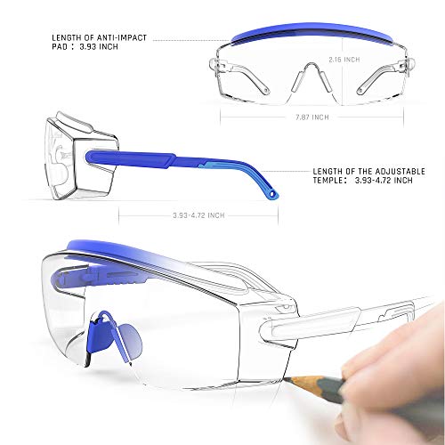 Anti Fog Safety Glasses Safety Goggles Over Glasses Protective Glasses with Anti Scratch Lenses Adjustable - color: 2 Pack (Blue + Black)