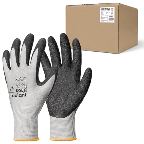 toolant Crinkle Latex Work Gloves Bulk, Rubber Coated Safety Work Gloves for Men and Women, 60 Pairs for Construction, Gardening, Warehouse (Gray, Large) - color: Gray - 60 Pairs, size: Large
