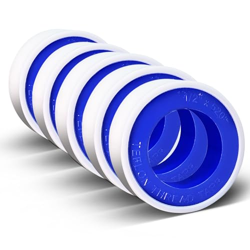 5 Rolls 1/2 Inch(W) X 520 Inches(L) Teflon Tape PTFE Thread Sealant Plumbers Tape for Seal Water Pipe, Shower Head,Prevent Leakage, White