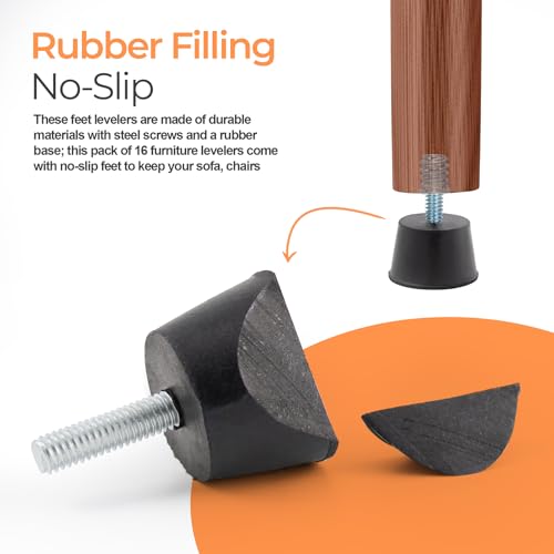 NEWBYTEK M6 Thread Rubber Furniture Leveling Feet Screw in Threaded Furniture Levelers Adjustable Table Chair Levelers Feet Glides for Chairs Tables Cabinet Patio - 16 Pack - size: M6 Thread,16 Pack