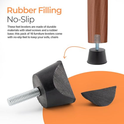NEWBYTEK M6 Thread Rubber Furniture Leveling Feet Screw in Threaded Furniture Levelers Adjustable Table Chair Levelers Feet Glides for Chairs Tables Cabinet Patio - 16 Pack - size: M6 Thread,16 Pack