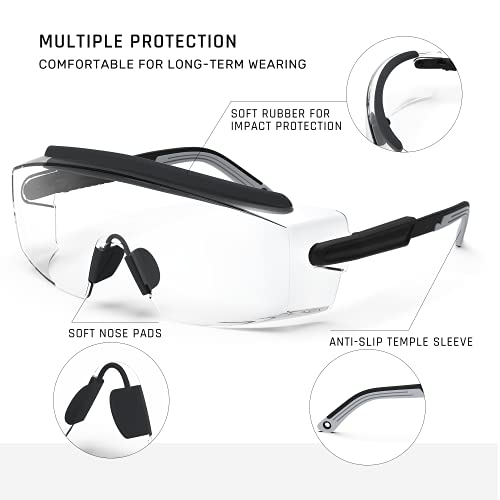 Anti Fog Safety Glasses Safety Goggles Over Glasses Protective Glasses with Anti Scratch Lenses Adjustable - color: 2 Pack (Black + White)