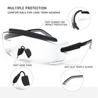 Anti Fog Safety Glasses Safety Goggles Over Glasses Protective Glasses with Anti Scratch Lenses Adjustable - color: 2 Pack (Black + Grey)