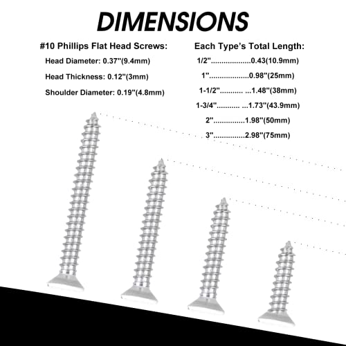 50 PCS #10X3 Stainless Steel Phillips Flat Head Wood Screws,Stainless Steel 18-8 A2(304) Screw,Home Screw Kit by QISHENG - color: Colorless, size: #10x3"
