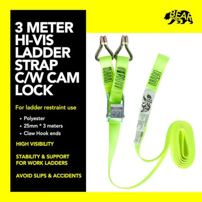 BearTOOLS 3 Meter Hi-Vis Ladder Strap C/W Cam Lock - Ladder Straps for Safety - Cam Lock Connector, Stabiliser for Work Ladders - Avoid Slips & Accidents When Working At Height - size: HVLS-WH-3-hooks