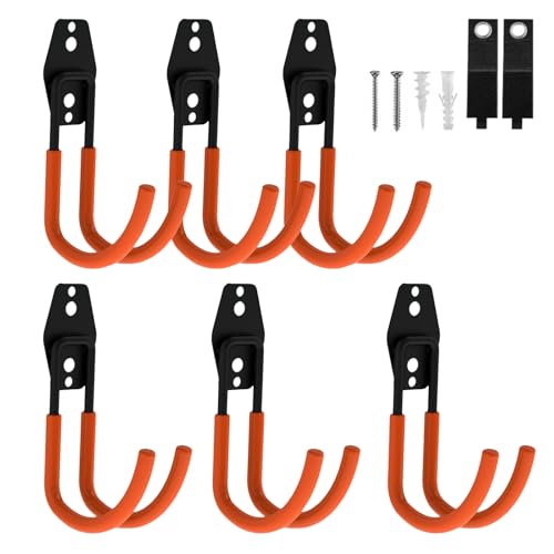 Garage Hooks Heavy Duty, 6 Pack Large Round Steel Garage Storage Hooks with Anti-Slip Coating, Multi-Purpose Ladder Hooks for Hanging Garden Tools, Hoses, Bikes and Folding Chairs (Orange) - color: Orange, size: 6pack-Large Round