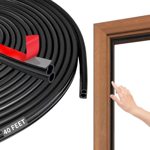 40FT Rubber Weather Stripping Door Seal, Self Adhesive Extra Thick D-Shaped Door Insulation Strip for Large Gap, Block Drafts, Noise Reduction, Door Soundproofing Strip(Black) - color: Black