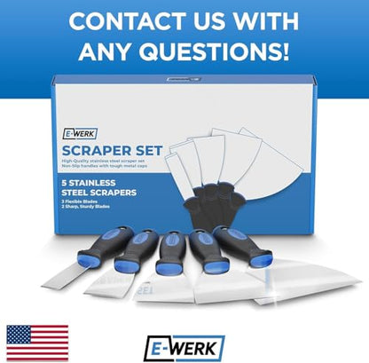E•Werk - 5-Pc Scraper Set - Paint & Wallpaper Remover Set - Stainless Steel Spatula Knife Set for Plastering & Drywall Putty Filling - Ideal Painter Tools for Plaster Scraping & Finishing