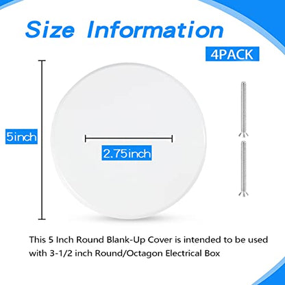 4 Packs 5 Inch Ceiling Cover Plate Metal Flat Round Electrical Cover Blank Circle Wall Plate with Screws Ceiling Fan Switch Cap, Holes Are Spaced 2.75 Inch, White (For 3-1/2 inch Electrical Box) - size: 5-inch,For 3-1/2 inch Electrical Box