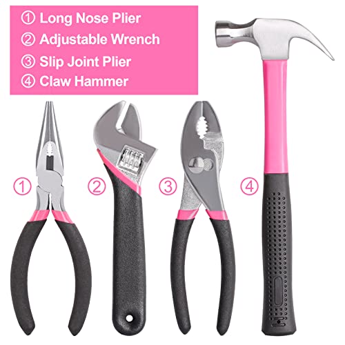 THINKWORK 122-Piece Pink Tool Set with 3.6V Rotatable Electric Screwdriver, Home Tool Kit for Women with Easy Carrying Round Pouch, Ladies Pink Tool Kit for Home Maintenance, DIY, Gifts - style: 122-Piece