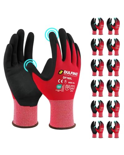 DULFINE Safety Work Gloves for Men & Women, MicroFoam Nitrile Coated Nylon Black Grip for General Purpose, 3/6/12/36 Pairs - color: Red, size: XX-Large