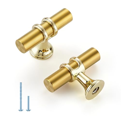 HOME EDIT Brushed Brass Cabinet Knobs Handles, Single Hole Modern T-Bar Drawer Pulls, Decorative Hardware for Cabinets, Dressers, and Drawers, 10 Pack - color: Brushed Brass, size: Single Hole