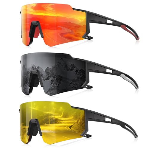 3 Pack Polarized Sunglasses for Men Women, Sports Mens Sunglasses with UV Protection for Baseball Cycling Running - color: B07-red/Gray/Yellow
