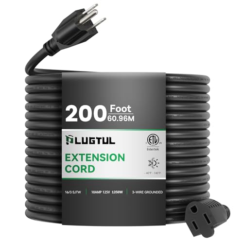 200 FT Outdoor Extension Cord Waterproof 16/3 Black Heavy Duty 3 Prong Extension Cord, 10A 1250W SJTW, ETL Listed, Great for Garden and Home - size: 200FT