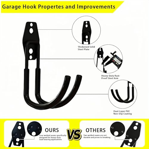 4 Pack Garage Hooks Heavy Duty with Anti-Slip Coating, Steel Utility Ladder Hooks for Hanging Garden Tools, Hoses, Ropes, Bikes and More (4.3in) - size: 4.3in