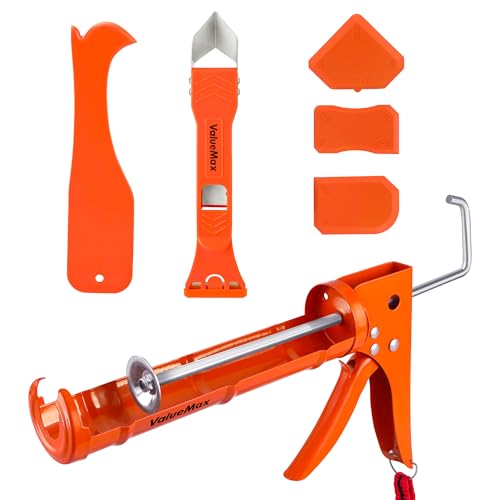 ValueMax Caulk Gun and Caulk Scraper Kit, 10OZ Smooth Silicone Caulking Gun with Caulk Remover Tool, 10:1 Thrust Ratio, Sealant Finishing Tool Grout Scraper for Caulking/Filling/Sealing