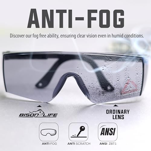 BISON LIFE Anti Fog Safety Glasses with Adjustable Temple & Side Protection, Wraparound Anti-Scratch Lens, Gray Lens & Black Temple, Mowing, Gardening, Outdoor Sports & More (Pack of 3) - color: Gray/Black