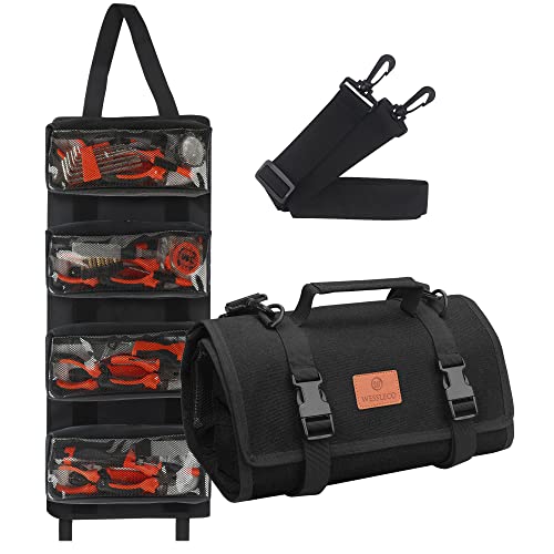 Tool Roll - Canvas Wrench Tool Organizer with 4 Pockets (Black) - color: Black, size: 4 Zipper Pockets