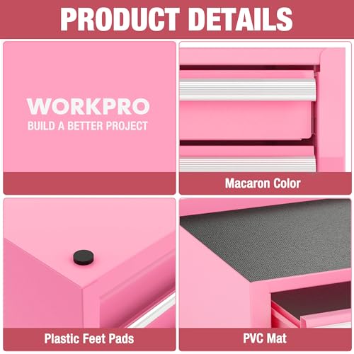 WORKPRO 12.5" Mini Tool Box with 2 Drawers & 1 Open Top Storage, Small Metal Tool Chest with PVC Liners & PP Feet Pads, Cold Rolled Steel Toolbox with Drawer Liners & Magnetic Tabs - Pink Ribbon - color: Pink
