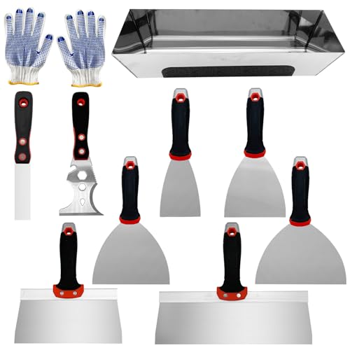 Drywall Knife Set, 10 Pcs Hand Tools Kit, Putty Knives Tapping Knife Multi-purpose Paint Scraper with Mud Pan Gloves for Drywall Work - color: Black - B Set